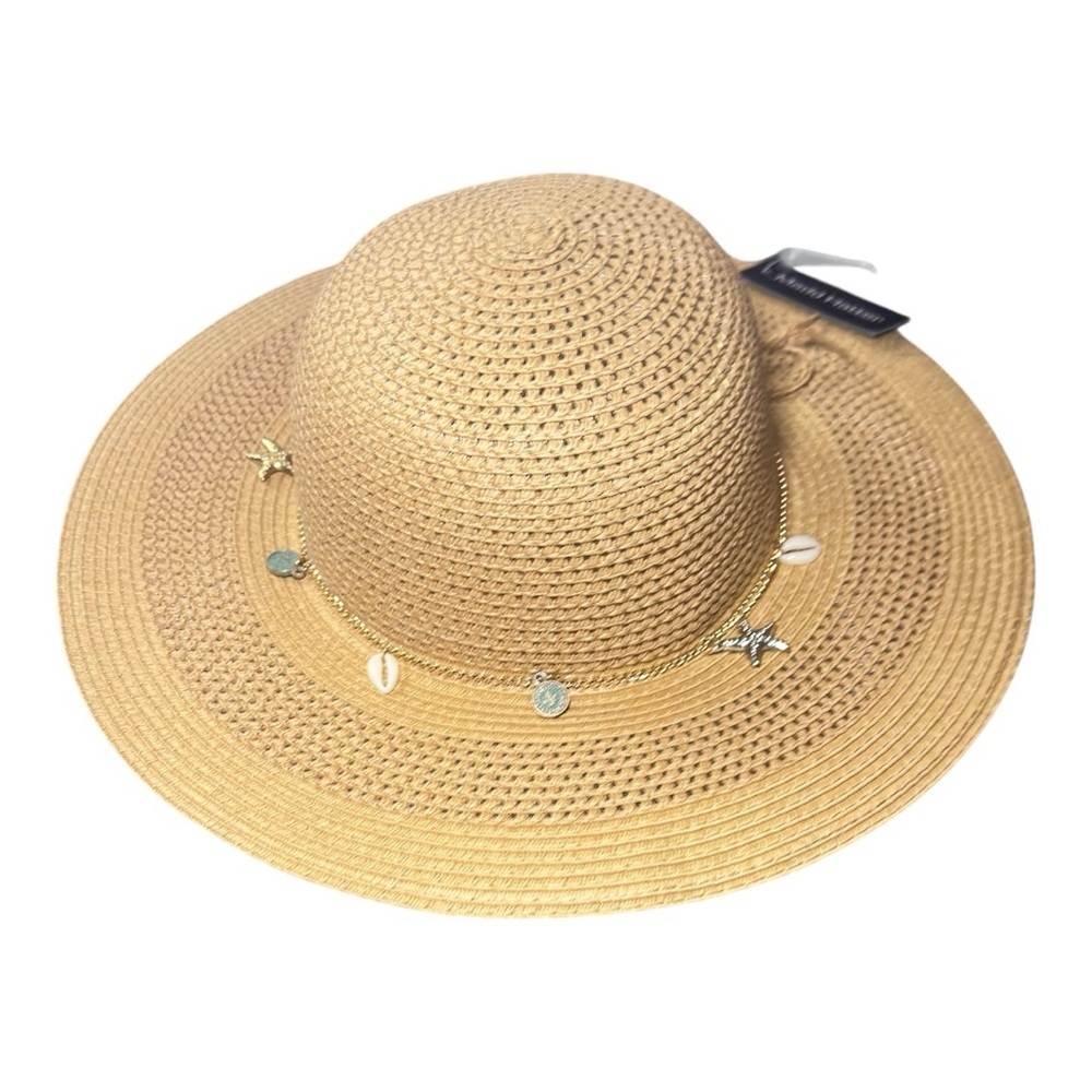 Tan Sun Hat with Wide Brim and Decorative Band - Picture 2 of 3